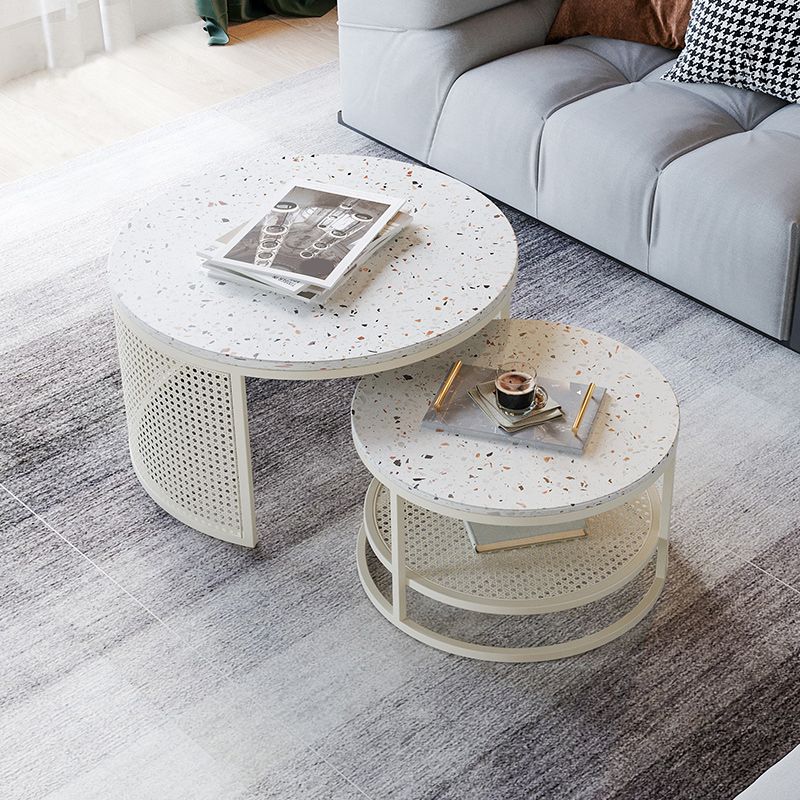 Contemporary Coffee Table White Round Slate Coffee Cocktail Table Clearhalo 'Coffee & Accent Tables' 'Coffee Tables' 'coffee_tables' 'furn' 'furn_coffee_tables' 'Furniture' 'Living Room Furniture' 1200x1200_b5465bf4-1eb9-4908-8a2f-24a471c17a11