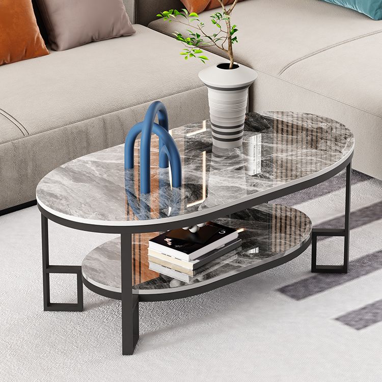 Oval Slate Top Coffee Table Iron 4 Legs Cocktail Table with Shelf Clearhalo 'Coffee & Accent Tables' 'Coffee Tables' 'coffee_tables' 'furn' 'furn_coffee_tables' 'Furniture' 'Living Room Furniture' 1200x1200_b56ca07a-664d-4d0e-82eb-7eea4ba9a9b9