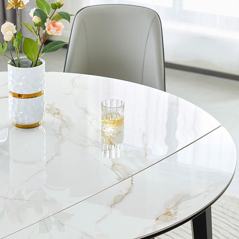 White Contemporary Round Stone Dining Table with Double Drop Leaf