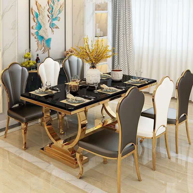 Marble Top Traditional Luxury Table Rectangle Dining Table with Trestle Base Clearhalo 'Dining Tables & Seating' 'Dining Tables' 'dining_table' 'furn' 'furn_dining_table' 'Furniture' 'Kitchen & Dining Furniture' 1200x1200_b572cad7-c4f4-49e1-b1e6-70d149520602