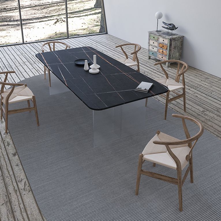 Contemporary Rectangle Dining Table Sintered Stone Dining Table with Clear Acrylic Double Pedestal Clearhalo ' dining_table' 'Dining Tables & Seating' 'Dining Tables' 'furn' 'furn_dining_table' 'Furniture' 'furniture_dining_table' 'Kitchen & Dining Furniture' 'kitchen&dining_furn' 'kitchen' 'kitchen_dining_table' 1200x1200_b5a48e1c-46b5-4b09-98d7-15bf33bc2a1f