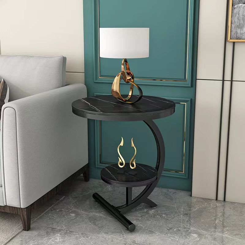 Pedestal End Table Contemporary Style 23.62" Faux Marble/ Stone Top Side Table with Shelf Clearhalo 'Coffee & Accent Tables' 'End & Side Tables' 'end_side_table' 'end_side_tables' 'furn' 'furn_end_side_tables' 'Furniture' 'furniture_end_side_table' 'Living Room Furniture' 1200x1200_b5c77d8e-1d09-401a-a5dd-39e5ca675b64