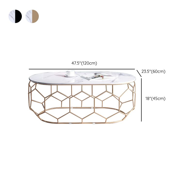 Glam Slate Coffee Table with Iron Frame and Oval Stone Top Cocktail Table