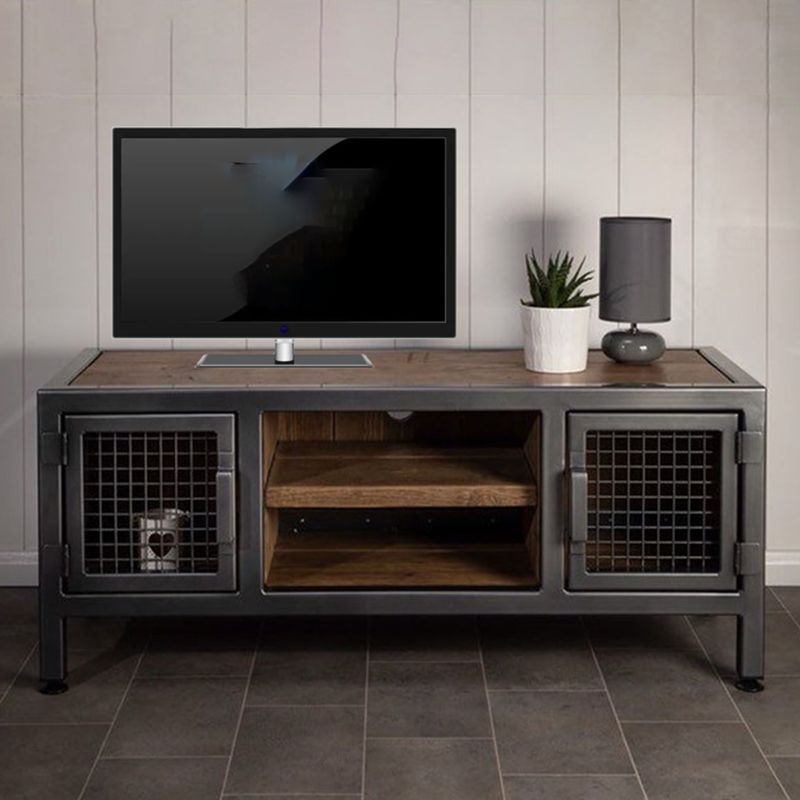 Brown Pine Wood Top TV Media Stand Industrial Media Console with Open Storage