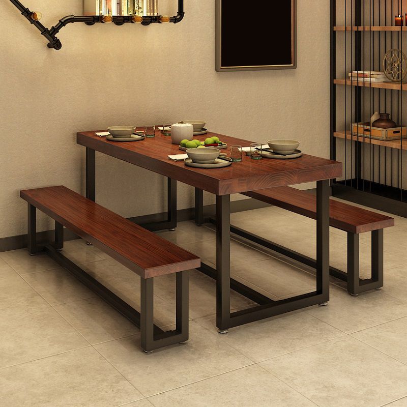 Rectangle Industrial Brown Dining Table Solid Wood and Metal Trestle Base Dining Table Clearhalo 'Dining Tables & Seating' 'Dining Tables' 'dining_table' 'furn' 'furn_dining_table' 'Furniture' 'Kitchen & Dining Furniture' 1200x1200_b5e263b3-f1e4-47de-a47a-a2d8c2bb1b2d