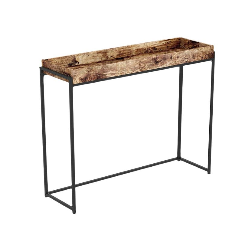 Tavolo della console moderna di metà secolo con top con vassoio marrone e tavolo di base nera