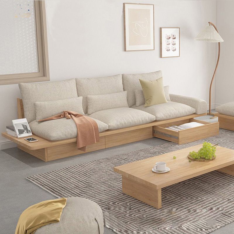 Contemporary Beige Sofa with Pillows Back and Drawers for Living Room