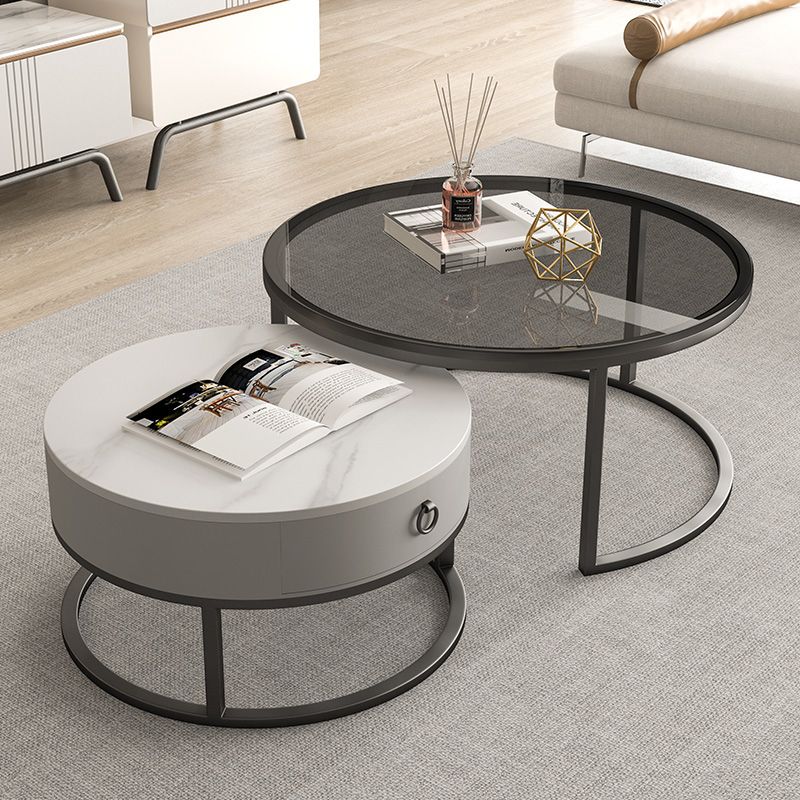 Round Brown Glass Coffee Table with Drawers Frame 2 Nesting Cocktail Table Clearhalo 'Coffee & Accent Tables' 'Coffee Tables' 'coffee_tables' 'furn' 'furn_coffee_tables' 'Furniture' 'furniture_coffee_tables' 'Living Room Furniture' 1200x1200_b6137217-4d96-4da8-b3f6-073f8dca27ea