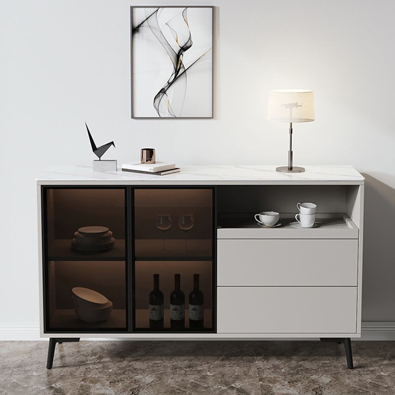 Glass Door Stone Buffet Sideboard Contemporary Style Credenza with LED Lights Clearhalo 'buffet_sideboard' 'Buffets & Sideboards' 'furn' 'furn_buffet_sideboard' 'Furniture' 'Kitchen & Dining Furniture' 1200x1200_b61d78f8-ef7f-45f5-9994-48c647ab66e4