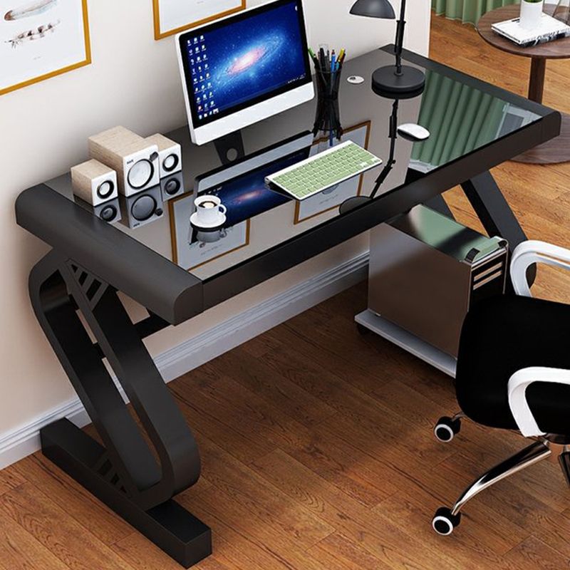 Contemporary Gaming Desk Antique Finish Glass Top Office Desk with Metal Legs Clearhalo 'furn' 'furn_office_desk' 'Furniture' 'Office Desks' 'Office Furniture' 'office_desk' 1200x1200_b623d442-c78f-417b-9c3a-ce96bada0b50