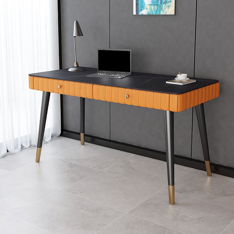 Contemporary Office Desk Sintered Stone Desktop with 2 Drawers Black Table Leg Desk Clearhalo 'furn' 'furn_office_desk' 'Furniture' 'Office Desks' 'Office Furniture' 'office_desk' 1200x1200_b62f95a1-e3eb-4cfa-b57a-78daca379ca2