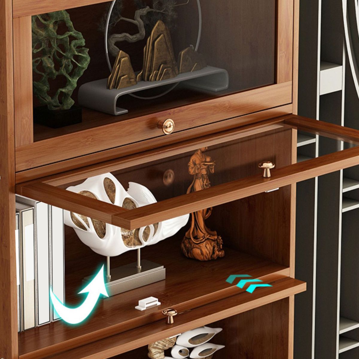 Cabinet d'accent en bambou moderne du milieu du siècle en marron avec vitre