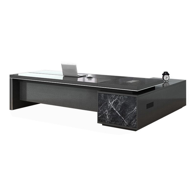 Black L-Shape Office Desk Cable Management Executive Desk with 2-Drawer Clearhalo 'furn' 'furn_office_desk' 'Furniture' 'Office Desks' 'Office Furniture' 'office_desk' 1200x1200_b664887f-e78f-4248-a378-42881752b368