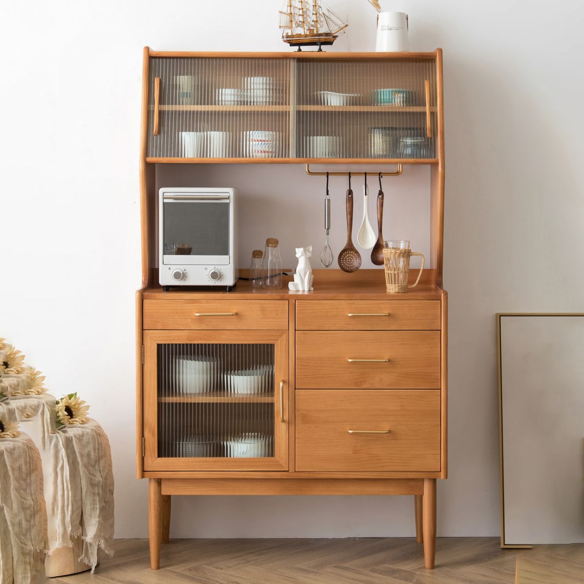 Modern Sideboard Pine Solid Wood Sliding Doors Buffet Table with 4 Drawers and 3 Doors Clearhalo 'buffet_sideboard' 'Buffets & Sideboards' 'furn' 'furn_buffet_sideboard' 'Furniture' 'Kitchen & Dining Furniture' 1200x1200_b6768758-92d8-40f6-80c9-729c1b56332a