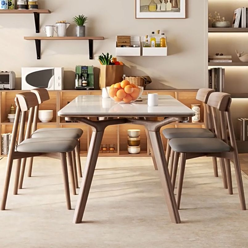 5/7ピース長方形の形の石と無垢材のダイニングテーブルセット