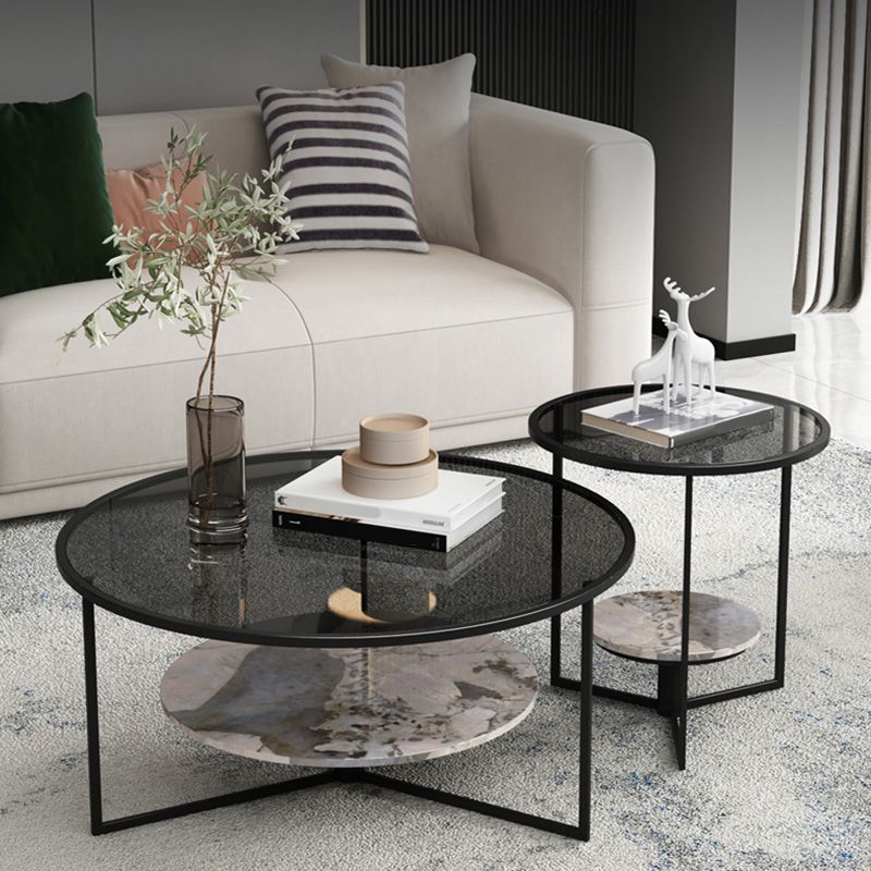 Contemporary Coffee Table Round Glass Top Cocktail Table with Storage Clearhalo 'Coffee & Accent Tables' 'Coffee Tables' 'coffee_tables' 'furn' 'furn_coffee_tables' 'Furniture' 'Living Room Furniture' 1200x1200_b6a68cda-fbcb-49e6-8a97-4d1ba25c36a3