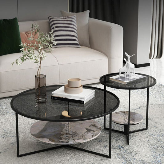 Contemporary Coffee Table Round Glass Top Cocktail Table with Storage Clearhalo 'Coffee & Accent Tables' 'Coffee Tables' 'coffee_tables' 'furn' 'furn_coffee_tables' 'Furniture' 'Living Room Furniture' 1200x1200_b6a68cda-fbcb-49e6-8a97-4d1ba25c36a3