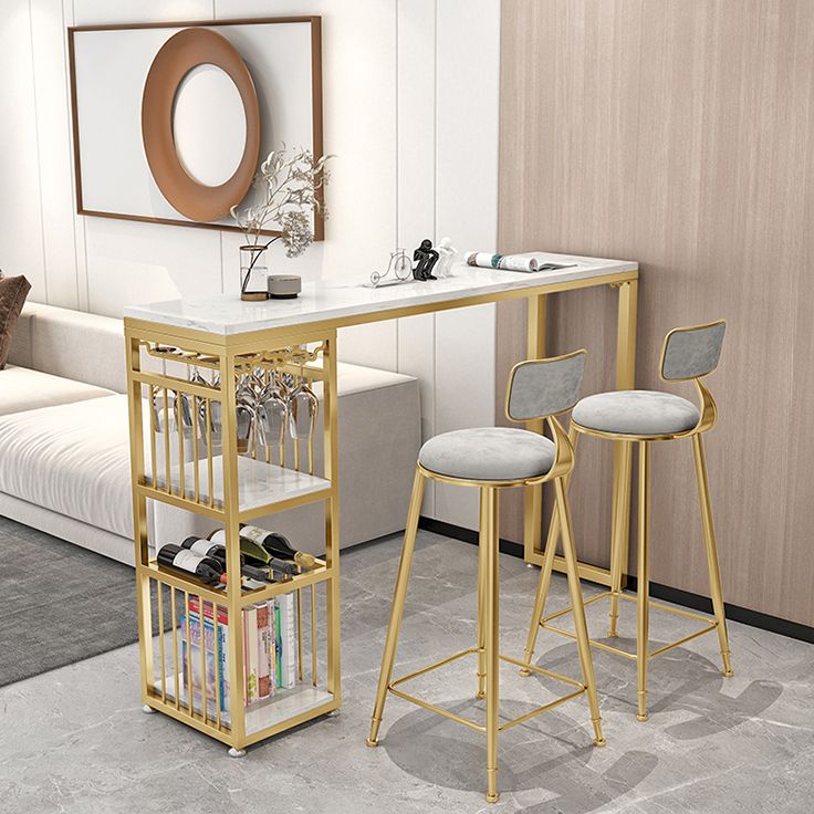 Round Upholstered Dining Stool Low Back Bar Stool with Gold Metal Base