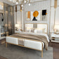Glam -paneelbed metaal en gestoffeerd bedframe met gestoffeerd hoofdeinde