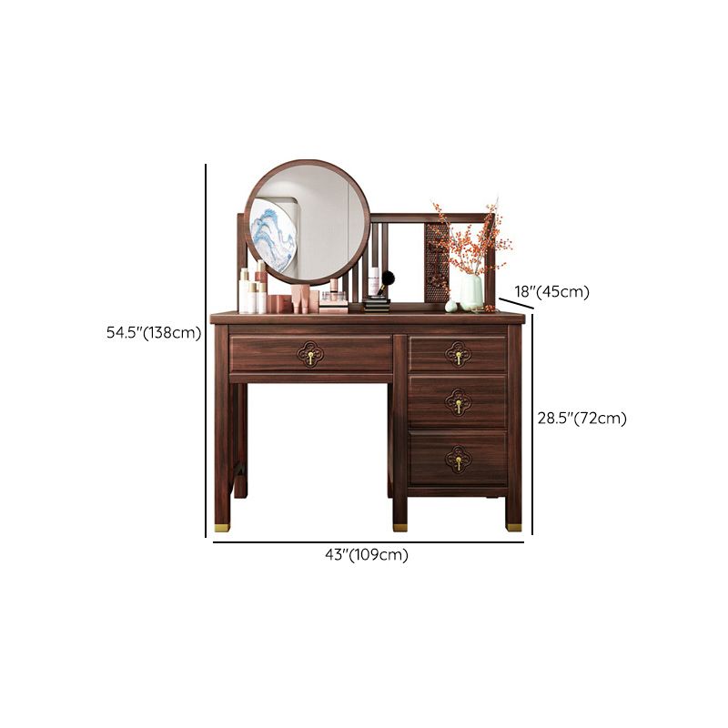 Traditional 4-Drawer Brown Solid Wood Dressing Table with Mirror Makeup Vanity Stool