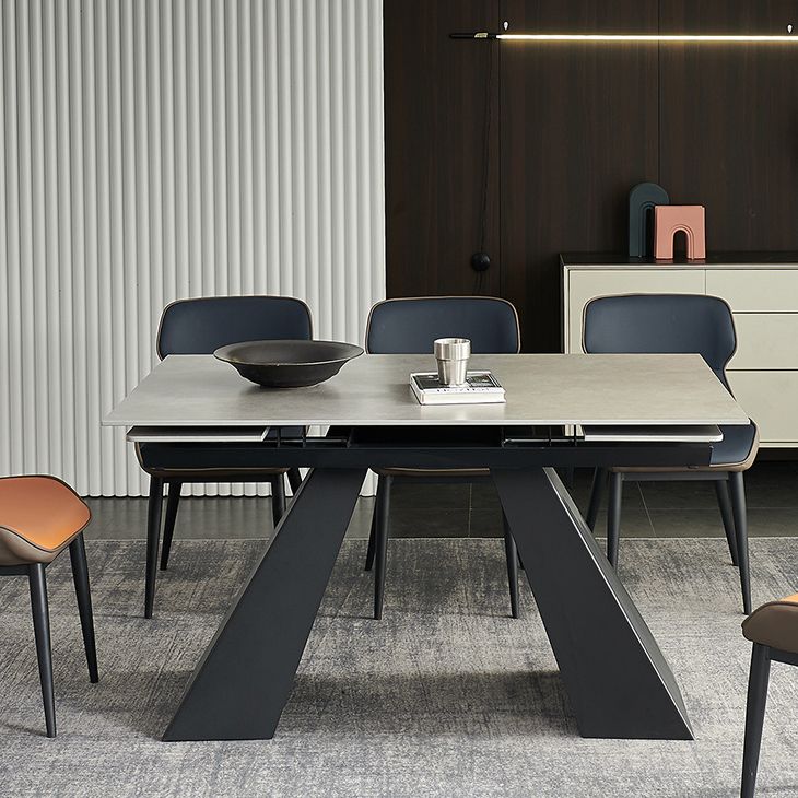 Table de salle à manger rectangulaire, plateau moderne en pierre grise avec base en métal noir