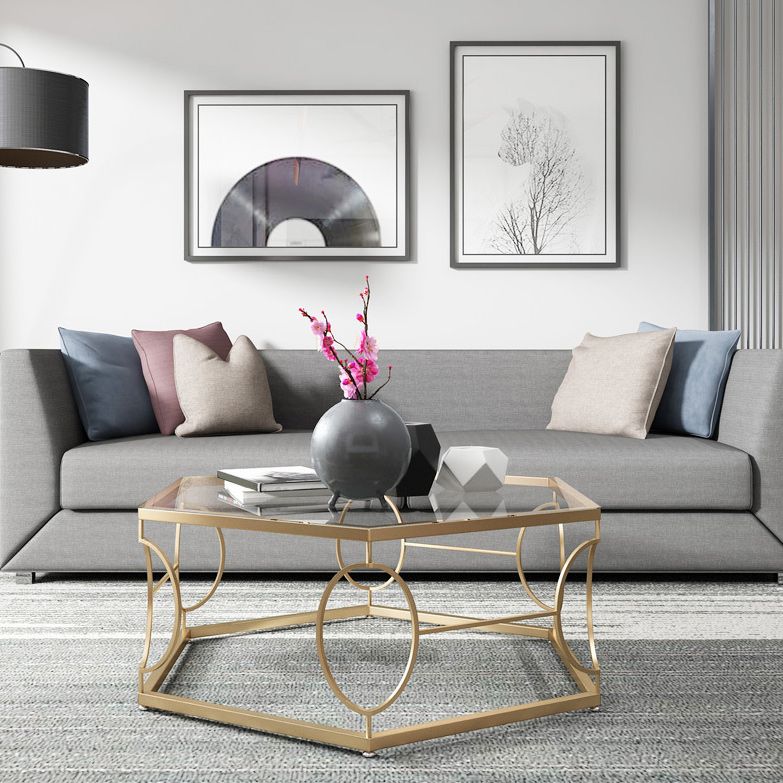 Glass & Marble Hexagon Coffee Table Modern Style Frame Cocktail Table