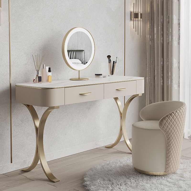 Metal with Padded Stool Vanity Table Luxurious Makeup Desk in Beige