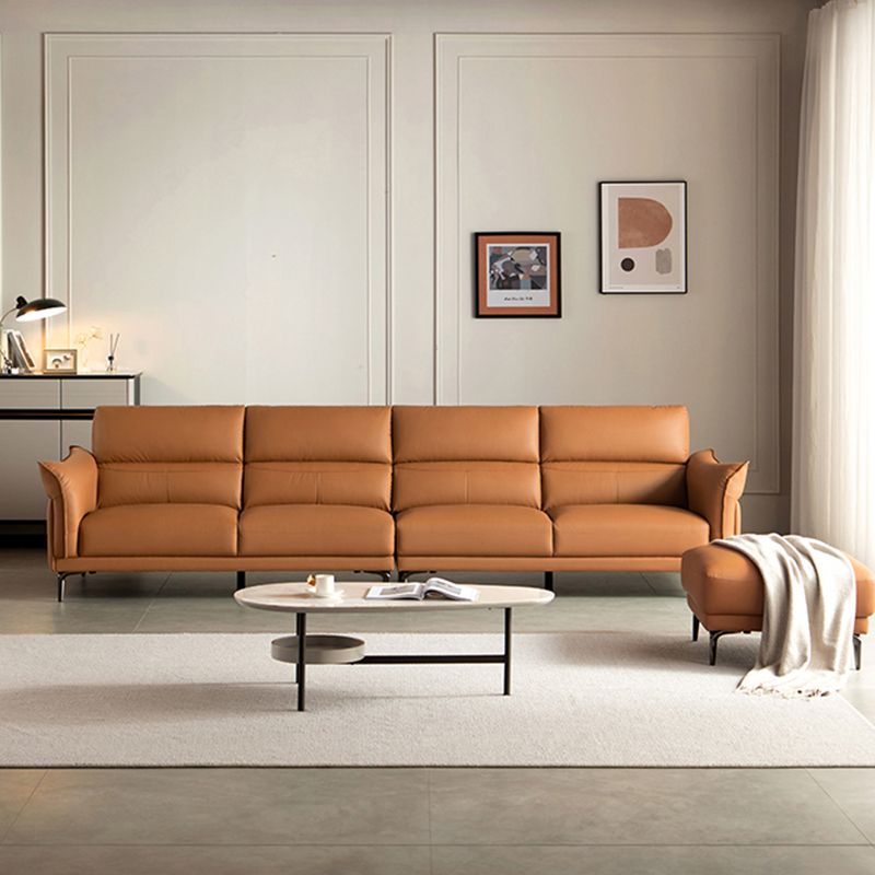 Modern Genuine Leather Sewn Pillow Back Flared Arm Sofa For Living Room