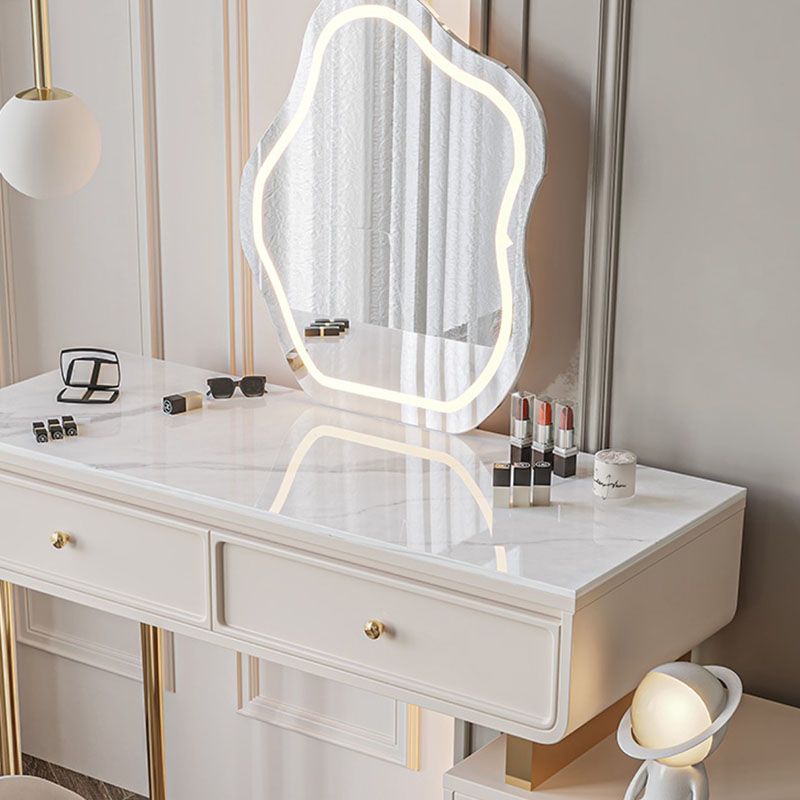 Wood and Stone with Drawers Vanity Table in White/Grey Makeup Desk