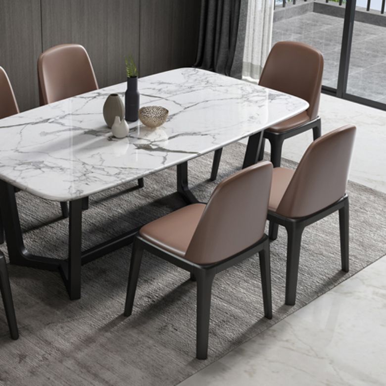 Table de dîner fixe en marbre rectangulaire de style simplicité avec base à tréteaux