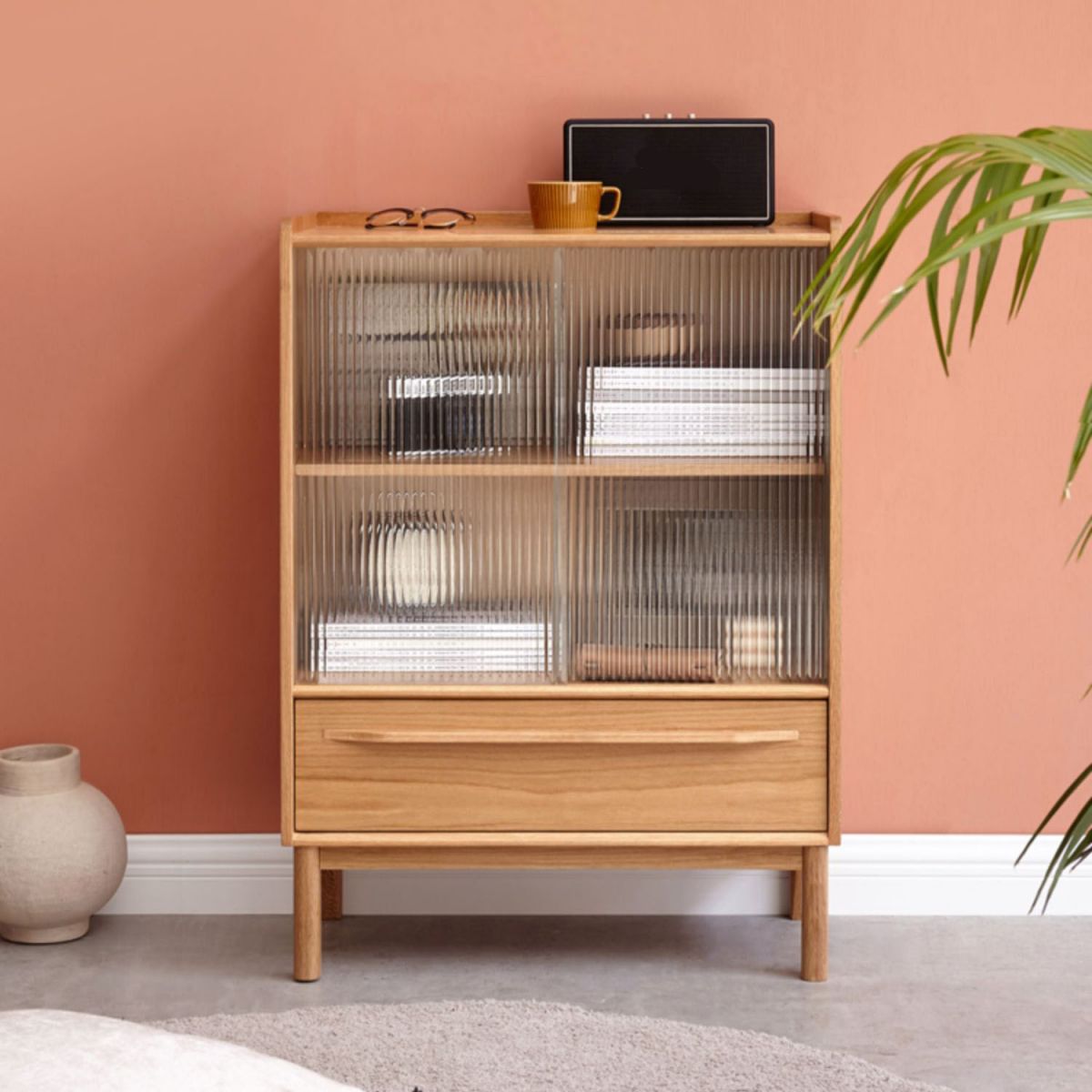 Glass Paned 1 - Drawer Solid Wood Accent Cabinet for Living Room
