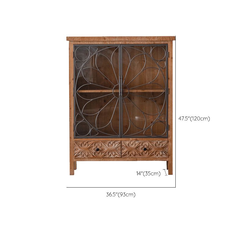 Distressed Brown Drawers Included Cabinet Glass Paned Wood & Iron Accent Cabinet