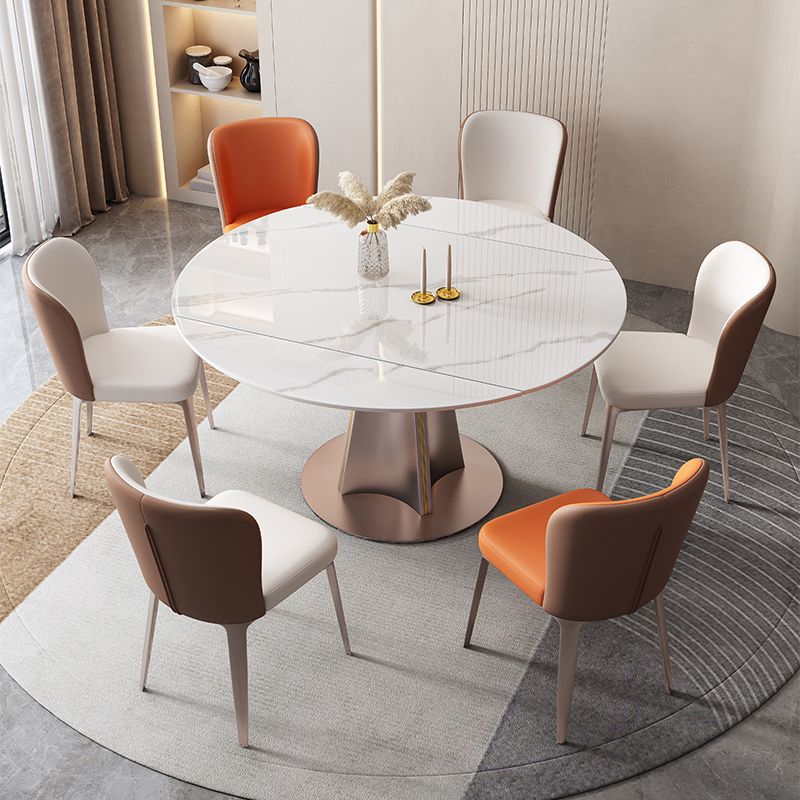 Modern White Round Extendable Dining Table with Metal Pedestal Base Clearhalo 'Dining Tables & Seating' 'Dining Tables' 'dining_table' 'furn' 'furn_dining_table' 'Furniture' 'Kitchen & Dining Furniture' 1200x1200_b7969693-697e-4595-8d85-1865178479e1