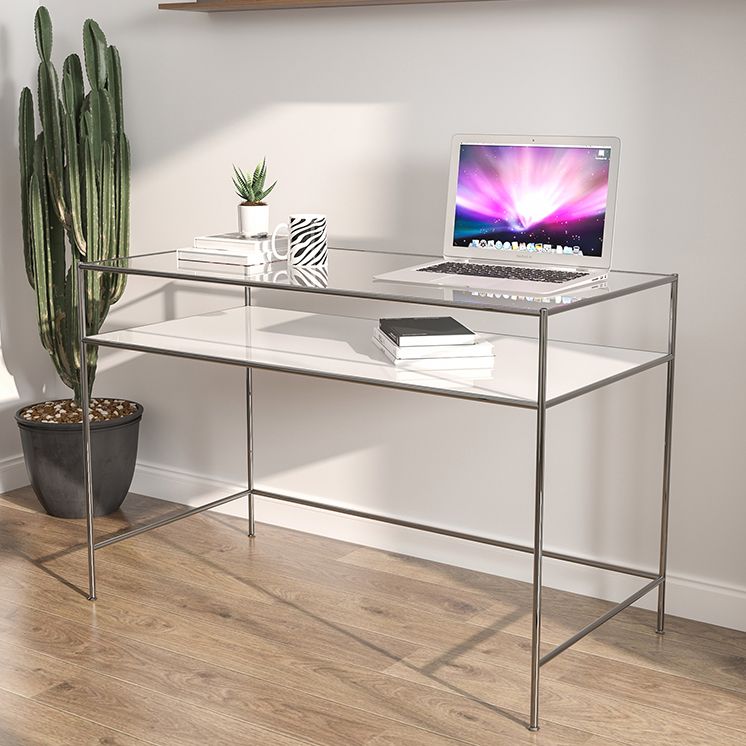 Modern Tempered Glass Desk Living Room Study Writing Desk, 47.2''L x 23.6''W Clearhalo 'furn' 'furn_office_desk' 'Furniture' 'Office Desks' 'Office Furniture' 'office_desk' 1200x1200_b799f8a7-f35c-4352-bf0c-f89f1dd119ab