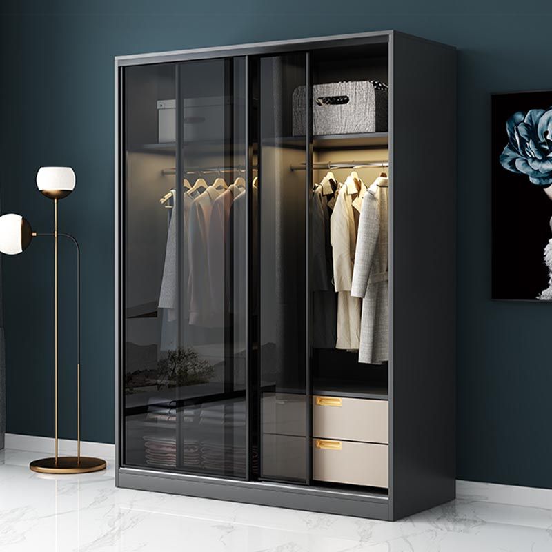 Black Wardrobe for Home Modern Style Cabinet with Glass Doors Clearhalo 'Armoires & Wardrobes' 'armoires_wardrobes' 'Bedroom Furniture' 'furn' 'furn_armoires_wardrobes' 'Furniture' 1200x1200_b7a226f3-f3f2-4db6-a736-468d25fe3f21