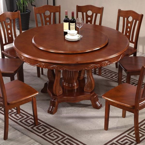 Brown Wood Dining Table for Home Rubberwood Dinette Table with Pedestal