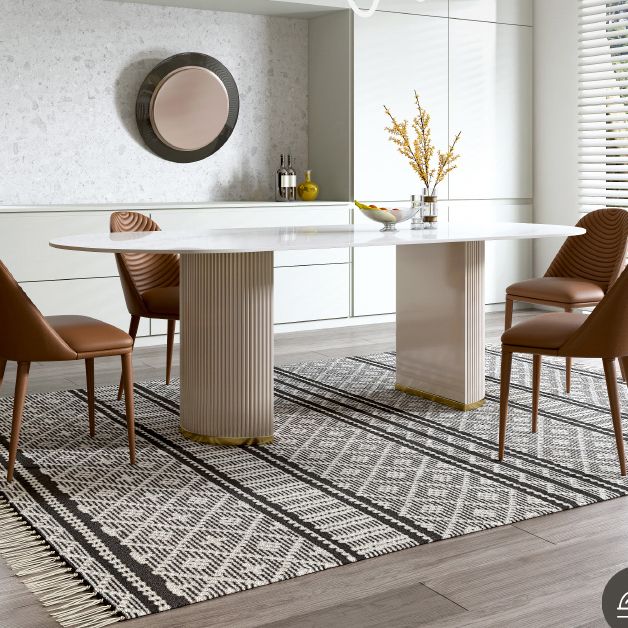 Oval Double Pedestal Glam Dining Table White Tone Fixed Table with Sintered Stone Clearhalo ' dining_table' 'Dining Tables & Seating' 'Dining Tables' 'furn' 'furn_dining_table' 'Furniture' 'furniture_dining_table' 'Kitchen & Dining Furniture' 'kitchen&dining_furn' 'kitchen' 'kitchen_dining_table' 1200x1200_b7c8baf6-bfee-4b93-8961-08090eb25bad