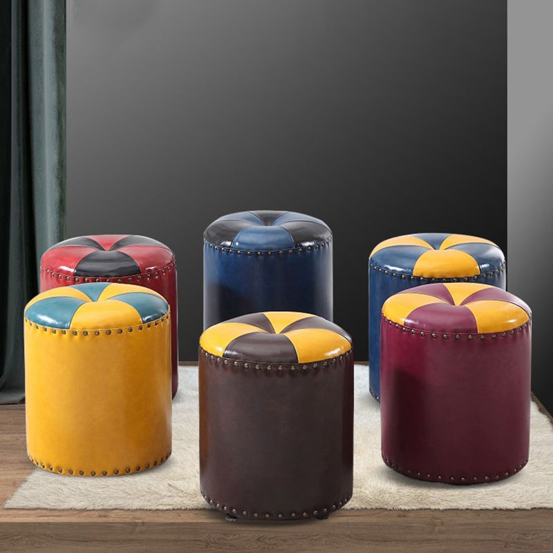 Modern Round Ottoman Color Block Leather Round Ottoman With Nailhead Trim Clearhalo 'furn' 'furn_ottomans_poufs' 'Furniture' 'Living Room Furniture' 'Ottomans & Poufs' 'ottomans_poufs' 1200x1200_b7ededf6-c3f1-4481-a181-5282282d7498