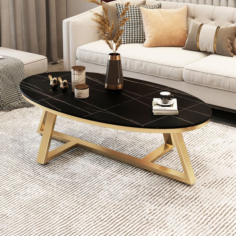 Cross Legs Coffee Table with Stone Oval Top and Iron Base Cocktail Table Clearhalo 'Coffee & Accent Tables' 'Coffee Tables' 'coffee_tables' 'furn' 'furn_coffee_tables' 'Furniture' 'Living Room Furniture' 1200x1200_b7ef59fb-dda5-4abc-a234-c91a88e645e2