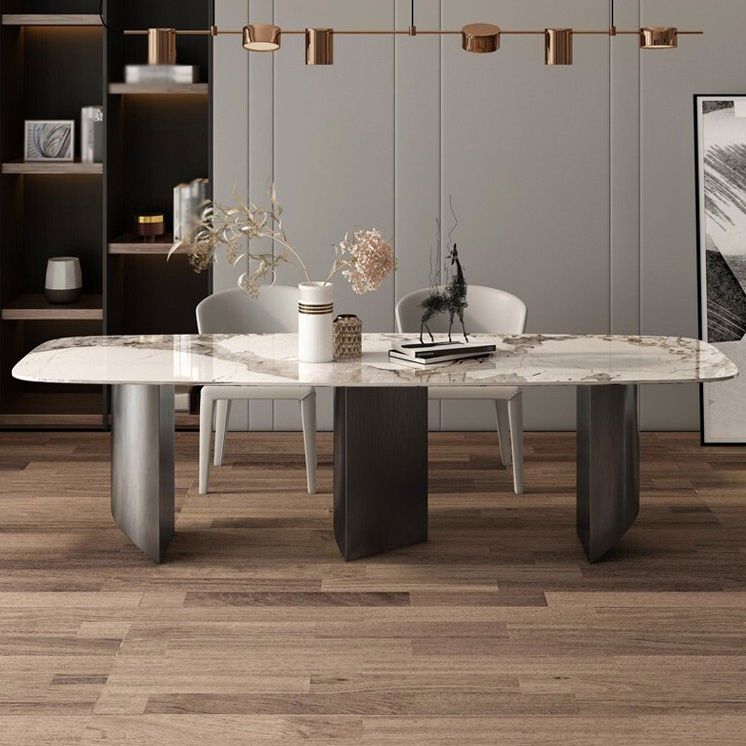 Minimalist Style Sintered Stone Dining Set with White Fixed Table and Black Double Pedestal Base Clearhalo 'Dining Room Sets' 'Dining Tables & Seating' 'dining_room_set' 'furn' 'furn_dining_room_set' 'Furniture' 'furniture_dining_room_set' 'Kitchen & Dining Furniture' 'kitchen&dining_furn' 'kitchen' 1200x1200_b7fbc2dd-481f-4320-a249-313881435881