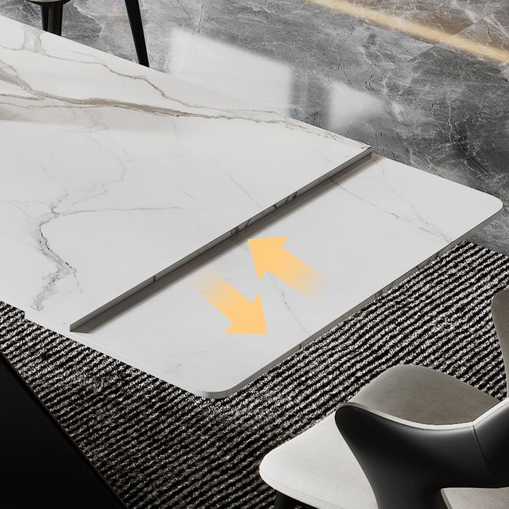 Mesa de comedor de piedra blanca rectangular moderna con pedestal doble de acero negro