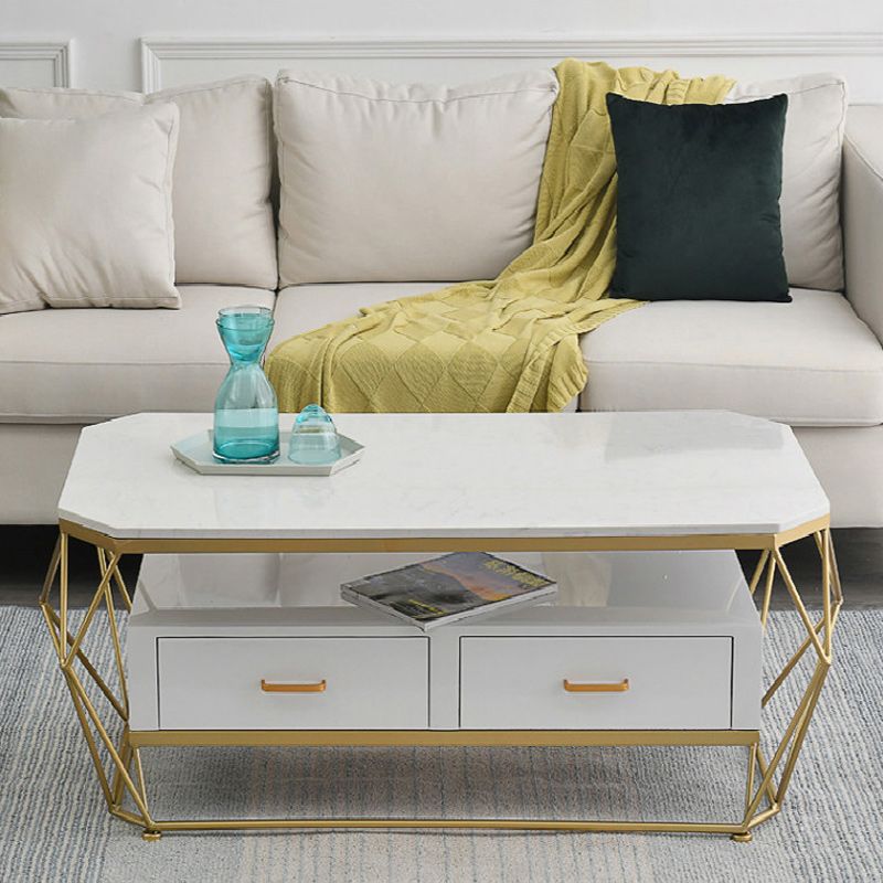 Glam Coffee Table with Glass/Marble Top and 2 Drawers and Iron Base Clearhalo 'Coffee & Accent Tables' 'Coffee Tables' 'coffee_tables' 'furn' 'furn_coffee_tables' 'Furniture' 'Living Room Furniture' 1200x1200_b80cd360-1162-42d5-ba67-0dd9631d67b4