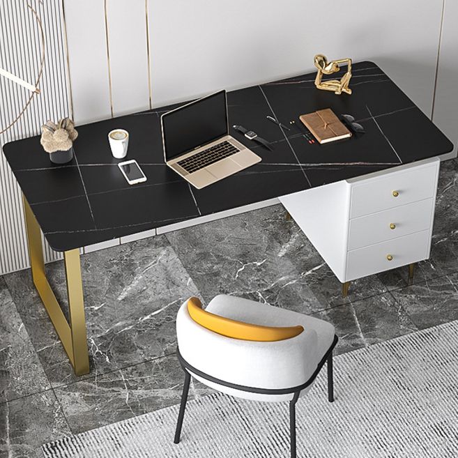 Metal Base Writing Desk Glam Style Office Desk with 3-drawer Clearhalo 'Furniture' 'furniture_office_desk' 'Office Desks' 'Office Furniture' 'office_desk' 1200x1200_b80d807a-c97c-4655-bbee-c78eae73adfa