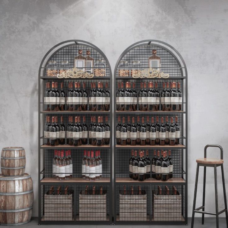 Porta di vino nera contemporanea con bottiglia da pavimento in metallo con scaffali