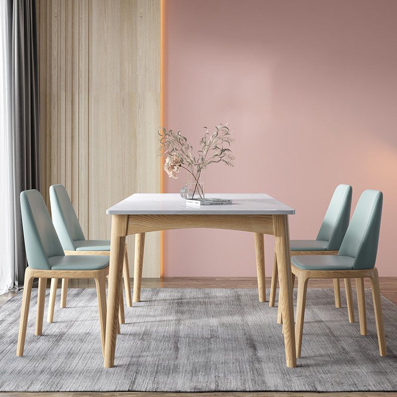 White Stone Top Table Mid-Century Modern Dining Table with 4 Wood Legs