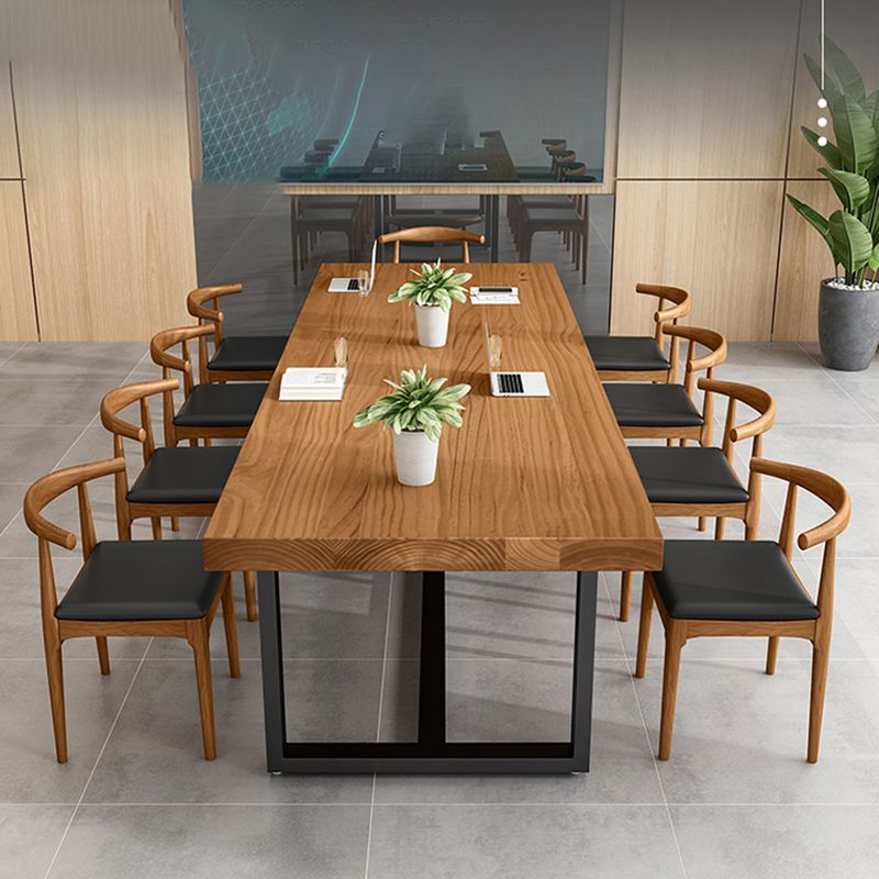 Scrivania per ufficio in legno di pino industriale scrivania rettangolare marrone con cavalletto in metallo