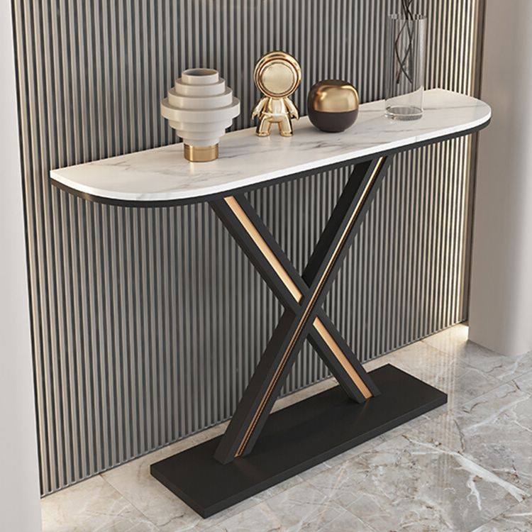 Half Moon Stone Top Accent Table with Black Iron Pedestal Base Clearhalo 'Console Tables' 'console_tables' 'Entry & Mudroom Furniture' 'furn' 'furn_console_tables' 'Furniture' 1200x1200_b84e102b-d241-4138-993c-8d90d382683a