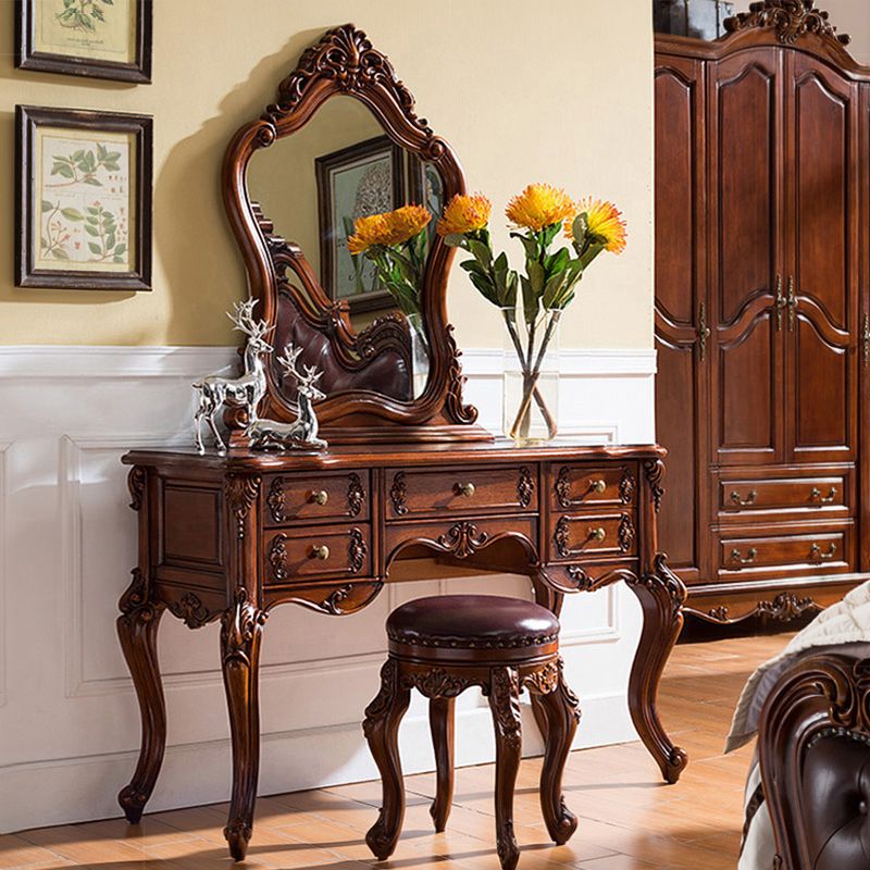 Traditional Solid Wood With Drawer Bedroom Mirror Makeup Vanity Set