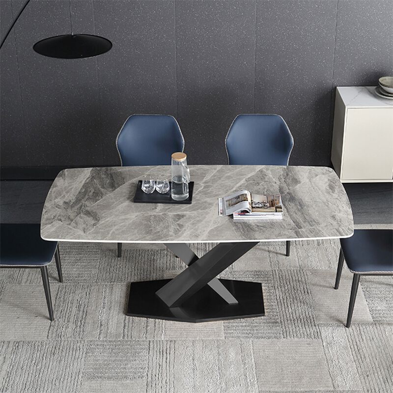 Luxury Sintered Stone Top Dining Table Rectangle Dining Table with Metal Pedestal in Black
