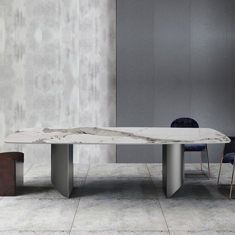Sintered Stone Top Dining Table Rectangle Table with Grey Metal Base and Double Pedestal Clearhalo ' dining_table' 'Dining Tables & Seating' 'Dining Tables' 'furn' 'furn_dining_table' 'Furniture' 'furniture_dining_table' 'Kitchen & Dining Furniture' 'kitchen&dining_furn' 'kitchen' 'kitchen_dining_table' 1200x1200_b8ad883e-de72-496f-93cb-7a72c07c4b40